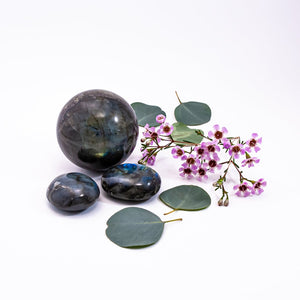labradorite. labradorite sphere + labradorite palm stones