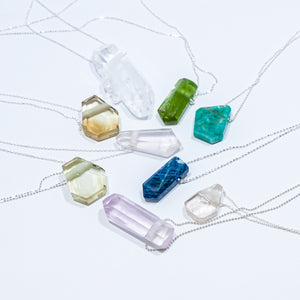 Crystal necklaces on sterling silver chain. "In Bloom Collection". Kunzite, topaz, amazonite, apatite, citrine, rose quartz, clear quartz, peridot. 