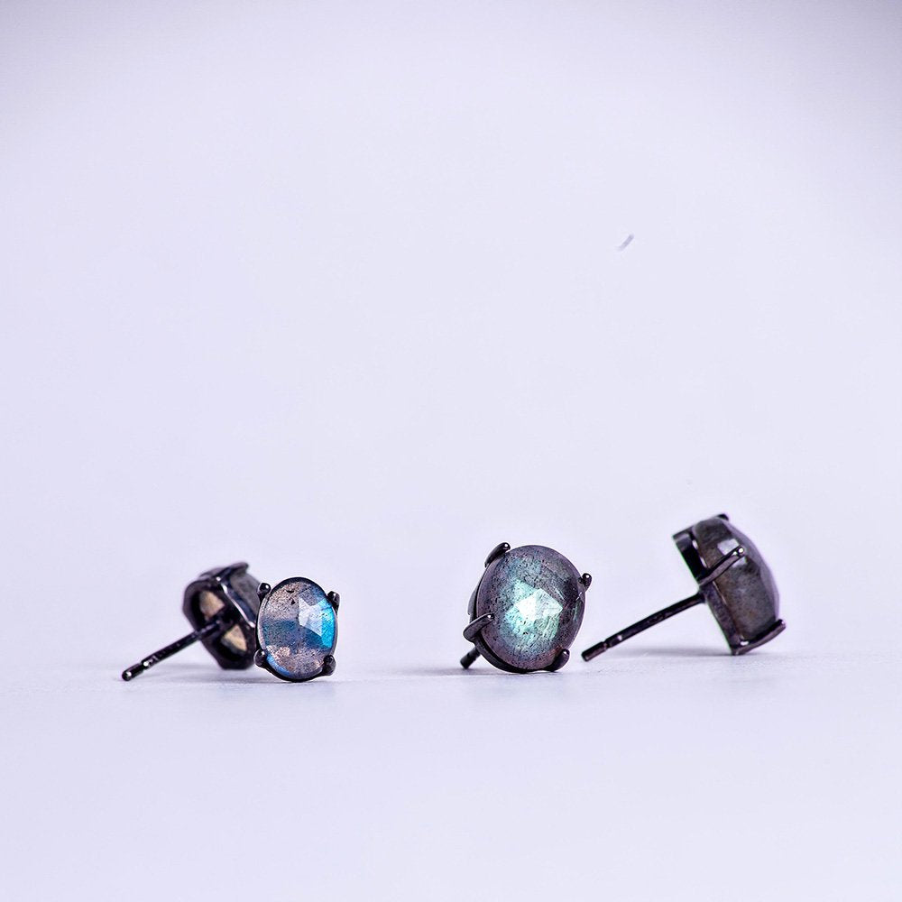 labradorite crystal oval antiqued earrings on black rhodium plated sterling silver posts.