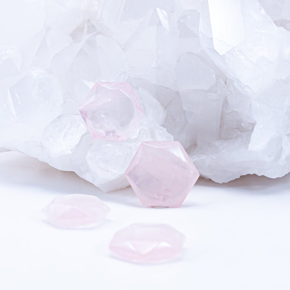 rose quartz crystal hexagons.