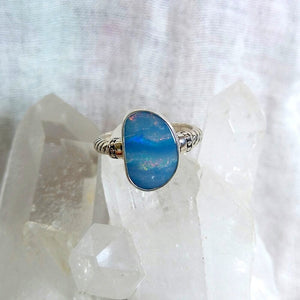 Open image in slideshow, Blue opal essence curve ring size 8.5.
