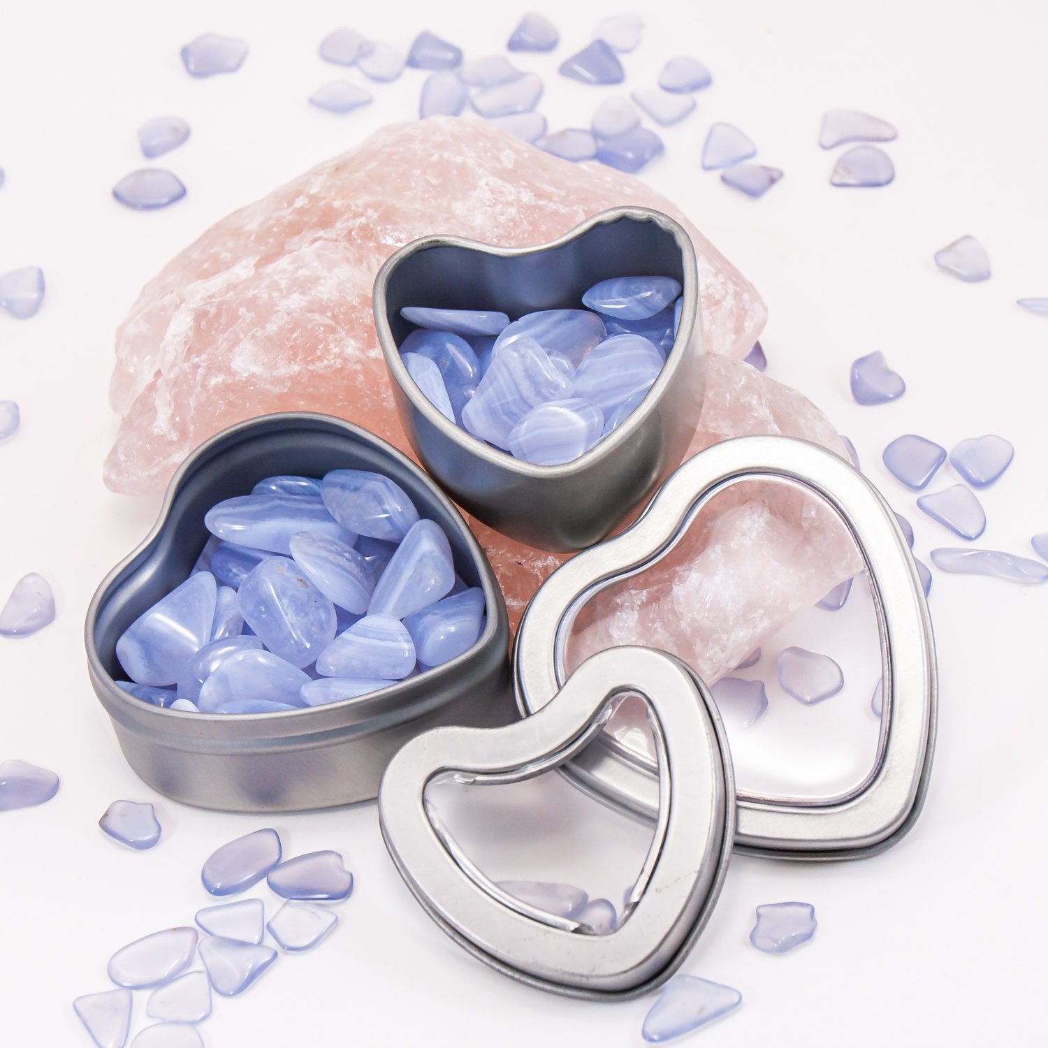 blue lace agate put a little love in your heart crystal sets. 1 small + 1 medium crystal-filled tin.