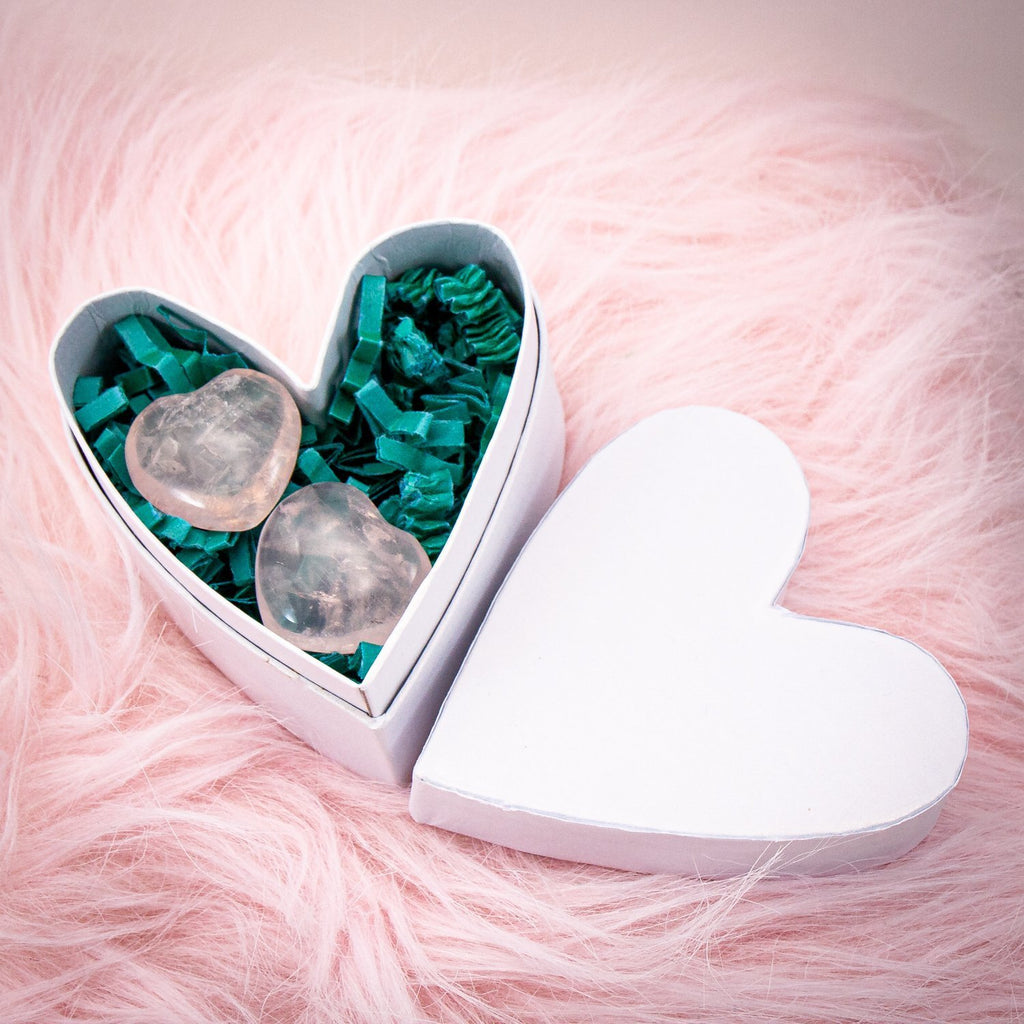 rose quartz box of crystal hearts for lovers in a 2.75" pearlized paper box.