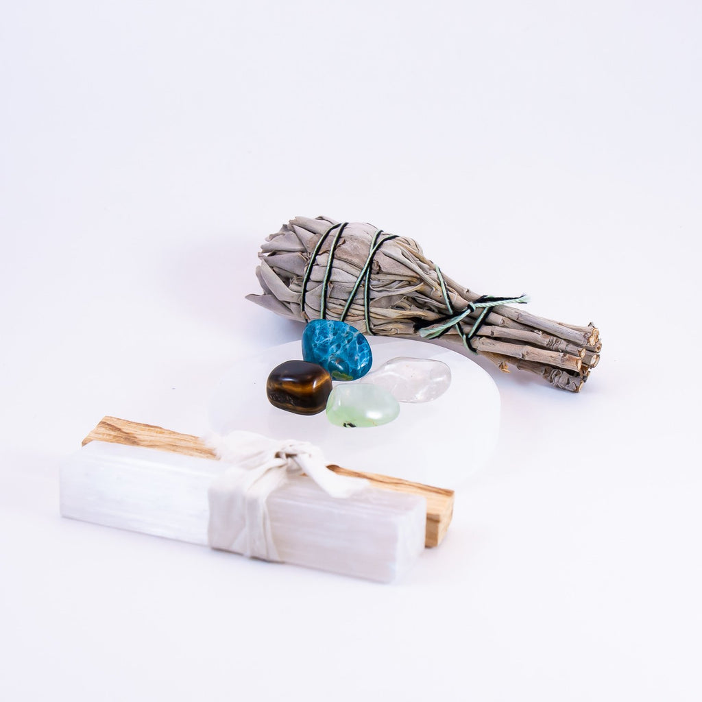 Go with the flow crystal set. Blue apatite, blue tiger's eye, prehnite, and clear quartz.