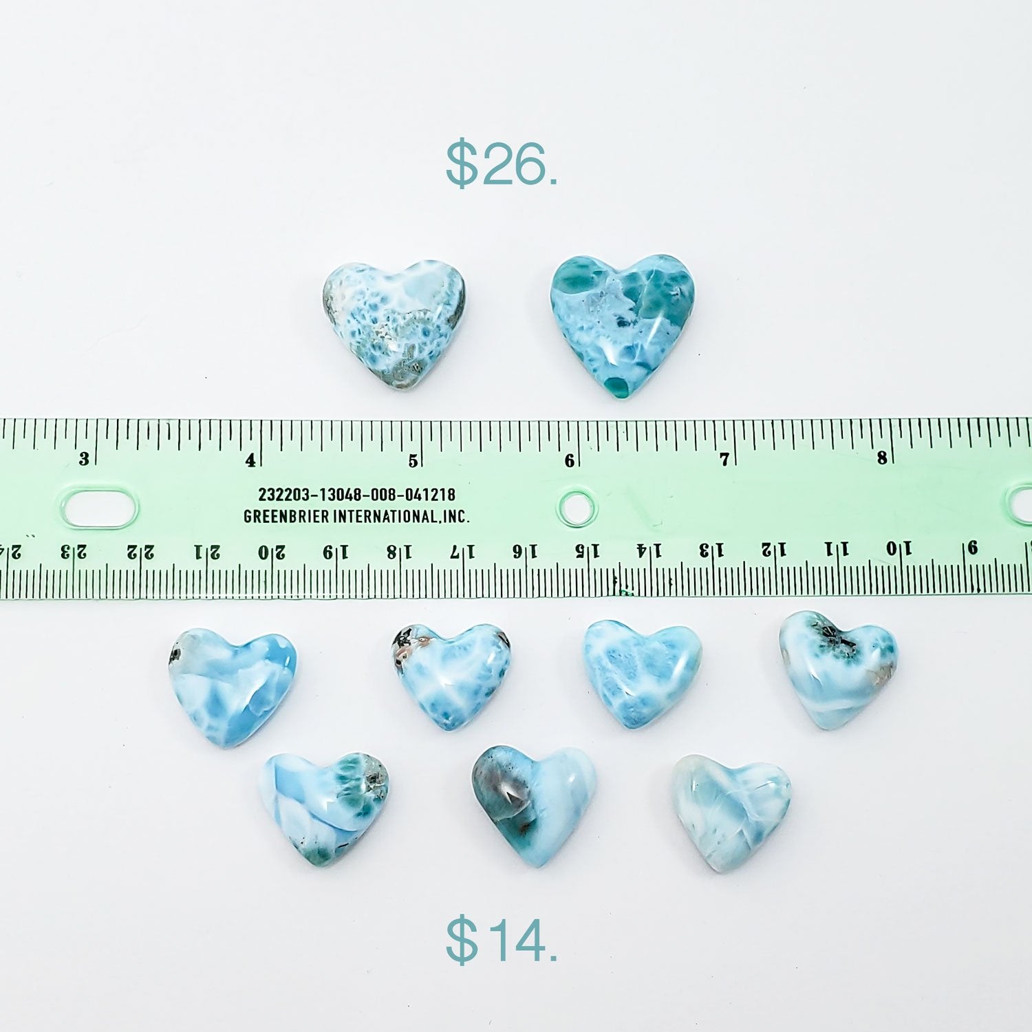 larimar serentiy hearts with ruler for size reference.