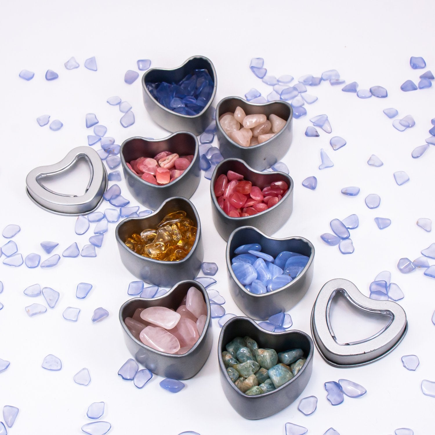 put a little love in your heart crystal sets. mini stones in small crystal-filled tins.