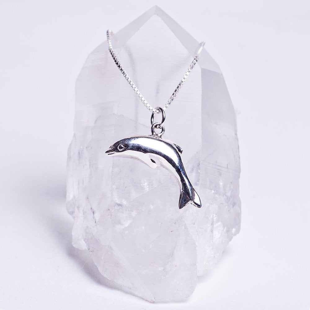 Sterling silver dolphin charm joyful love necklace.