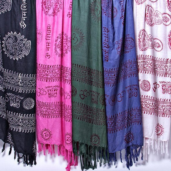 Deity scarf x 5. Black, pink, green, blue, white with red print.